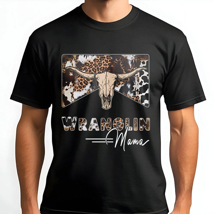 Wranglin Mama T-Shirt | Rustic Western Cow Skull & Leopard Print | Premium Soft Cotton Blend | Country Cowgirl Gift for Women