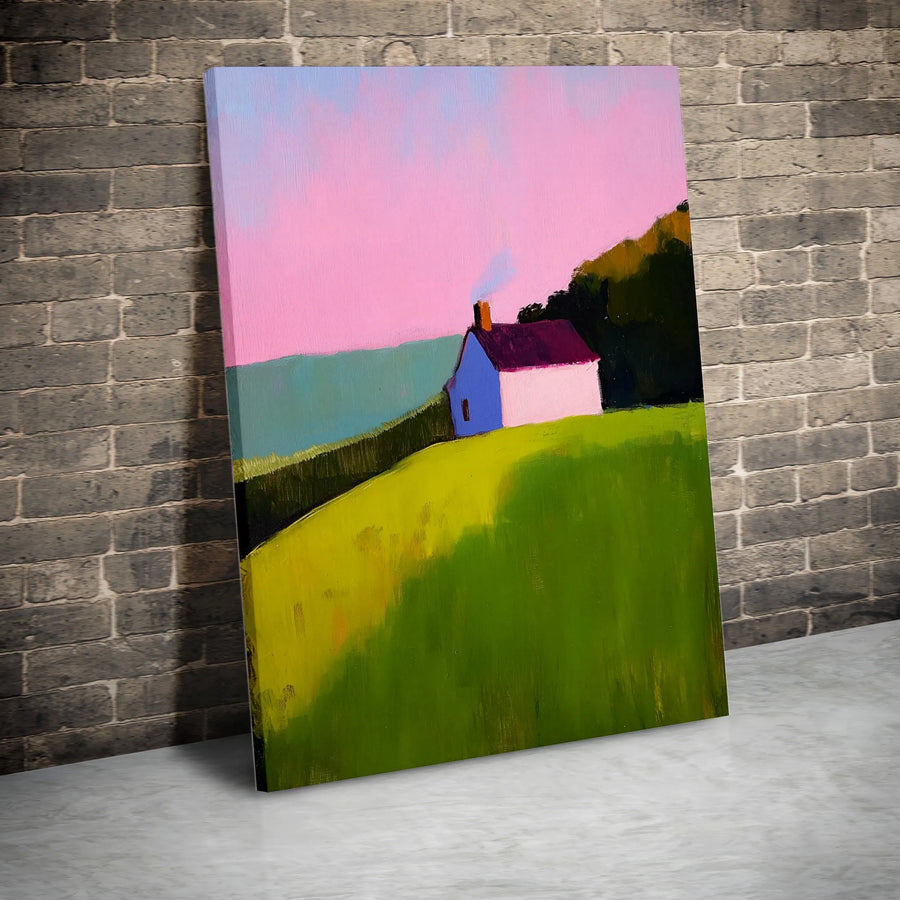 Impressionist Landscape Canvas Print | Pink Sky Cottage Wall Art | 1.25-Inch Gallery Wrap | Modern Home Decor Gift