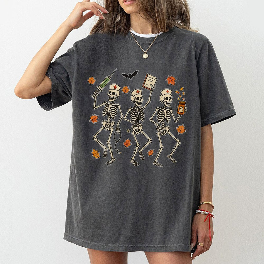 Halloween Nurse Skeleton T-Shirt | Dancing Spooky Fall Medical Design | 100% Cotton Premium Tee | RN Nurse Practitioner Halloween Gift