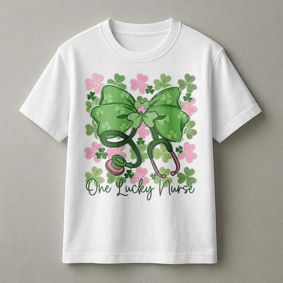 One Lucky Nurse St Patrick's Day T-Shirt | Shamrock Stethoscope Bow Graphic | 100% Cotton Premium Tee | RN Gift for Her