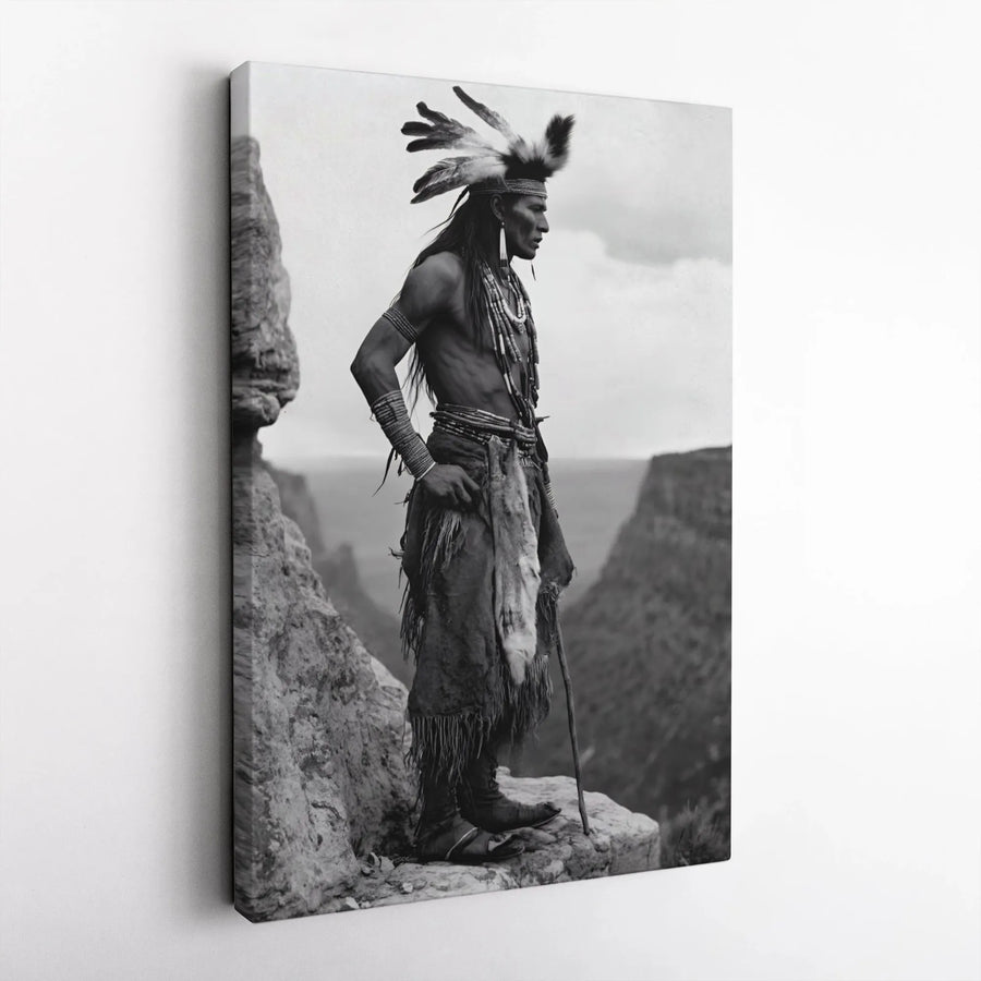 Native American Warrior Vertical Canvas | Vintage Black and White Photography | Premium 1.25" Thick Wall Art | Western & Southwestern Home Decor Collector's Gift