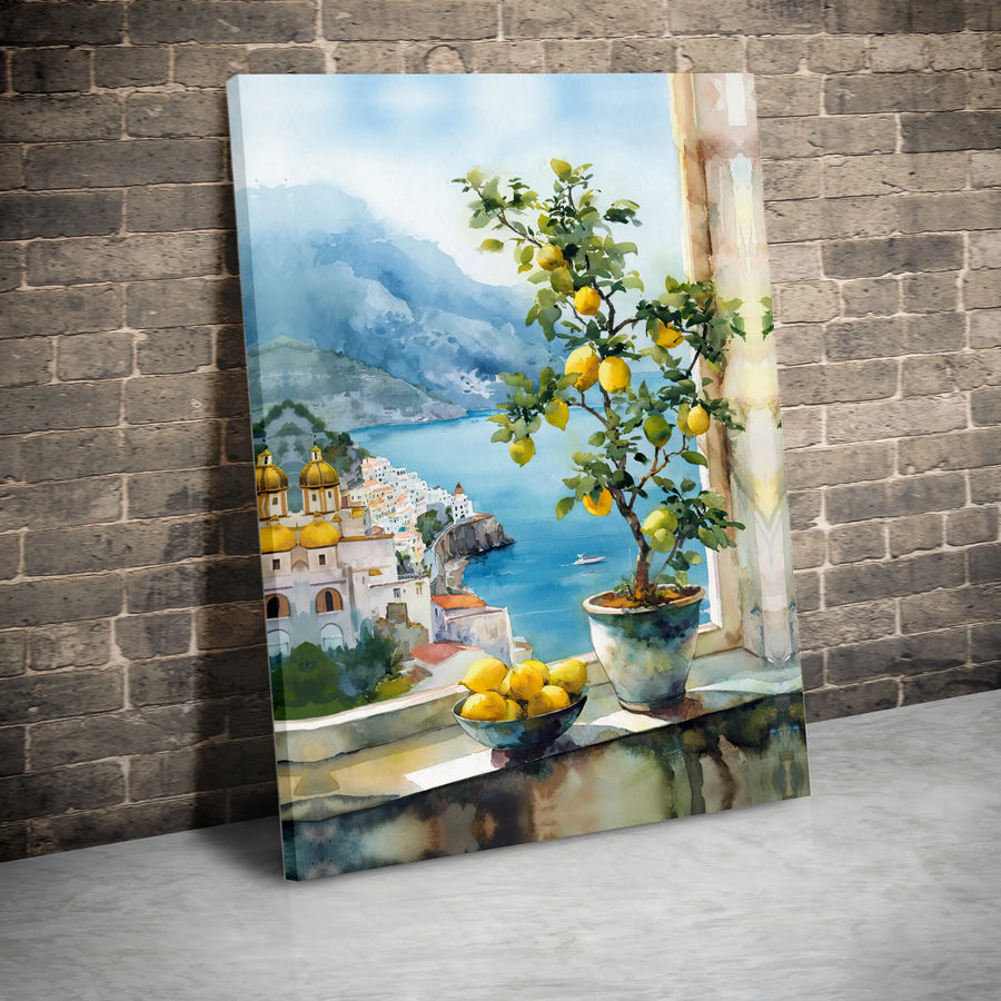 Amalfi Coast Canvas Wall Art | Watercolor Italian Coastal View with Lemon Tree | Premium Gallery Wrapped Print | Mediterranean Kitchen Decor Gift
