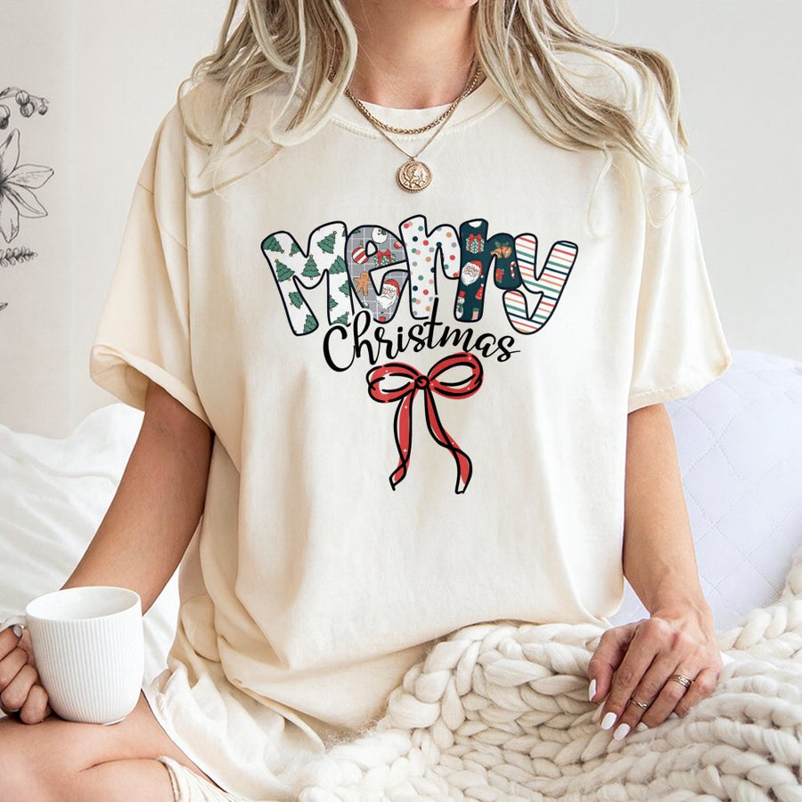 Merry Christmas T-Shirt | Festive Patterned Lettering with Red Bow | Premium 100% Cotton Tee | Cute Holiday Gift for Women and Family