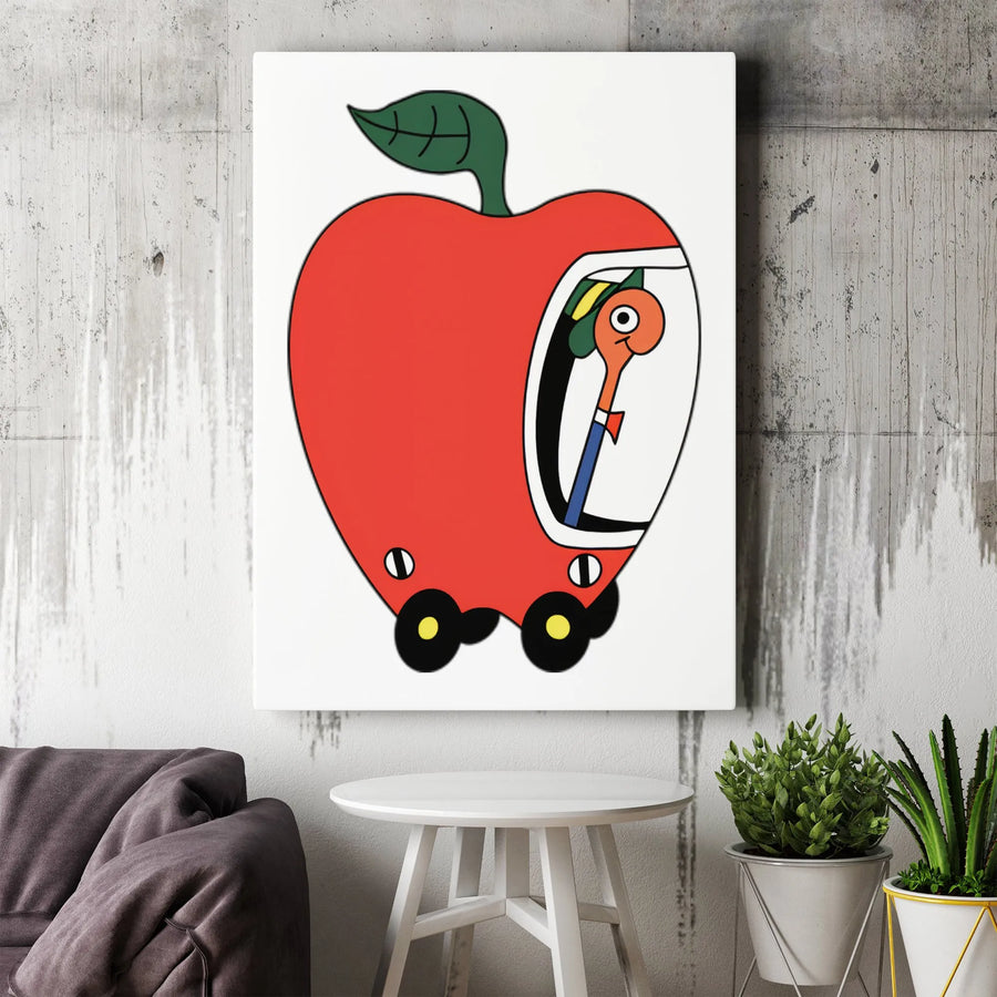 Worm In Apple Car Canvas Print | Whimsical Cartoon Illustration | Premium Thick Gallery Wrap Canvas | Collector's Gift For Kids Room & Nursery Decor