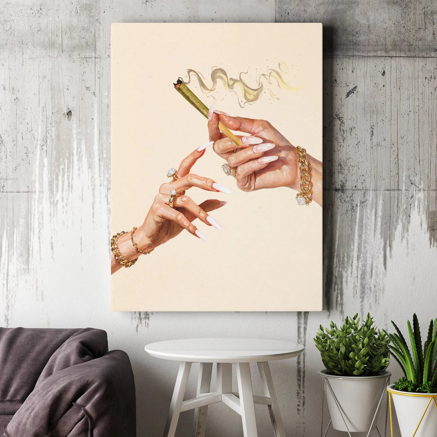 Luxury Stoner Wall Art | Aesthetic Hands With Jewelry Smoking Joint | Premium Gallery Wrap Canvas | Chic Modern Decor For Home Or Office