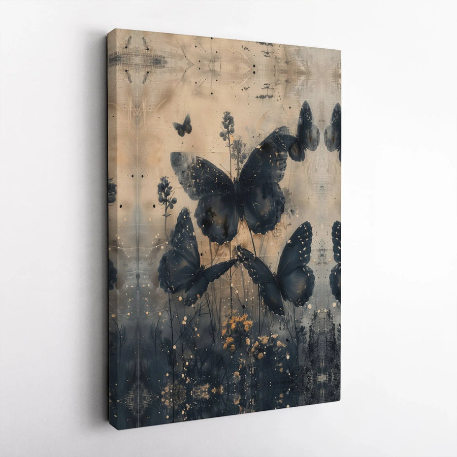 Dark Butterfly Wall Art | Abstract Gold Splatter Floral Canvas | Premium Gallery-Wrapped Print | Elegant Home Decor for Living Room
