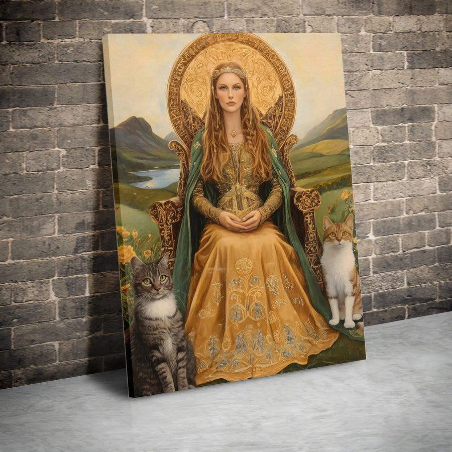 Celtic Queen Wall Art | Fantasy Princess Portrait With Cats | Premium Gallery Canvas | Gift For Cat Lovers And Fantasy Art Collectors