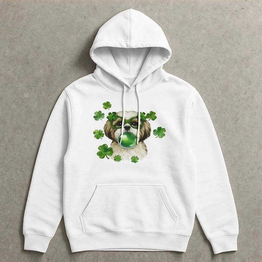 Shih Tzu St Patrick's Day Hoodie | Funny Dog Blowing Bubble Gum | Premium Cotton Blend | Lucky Shamrock Lover Gift for Her