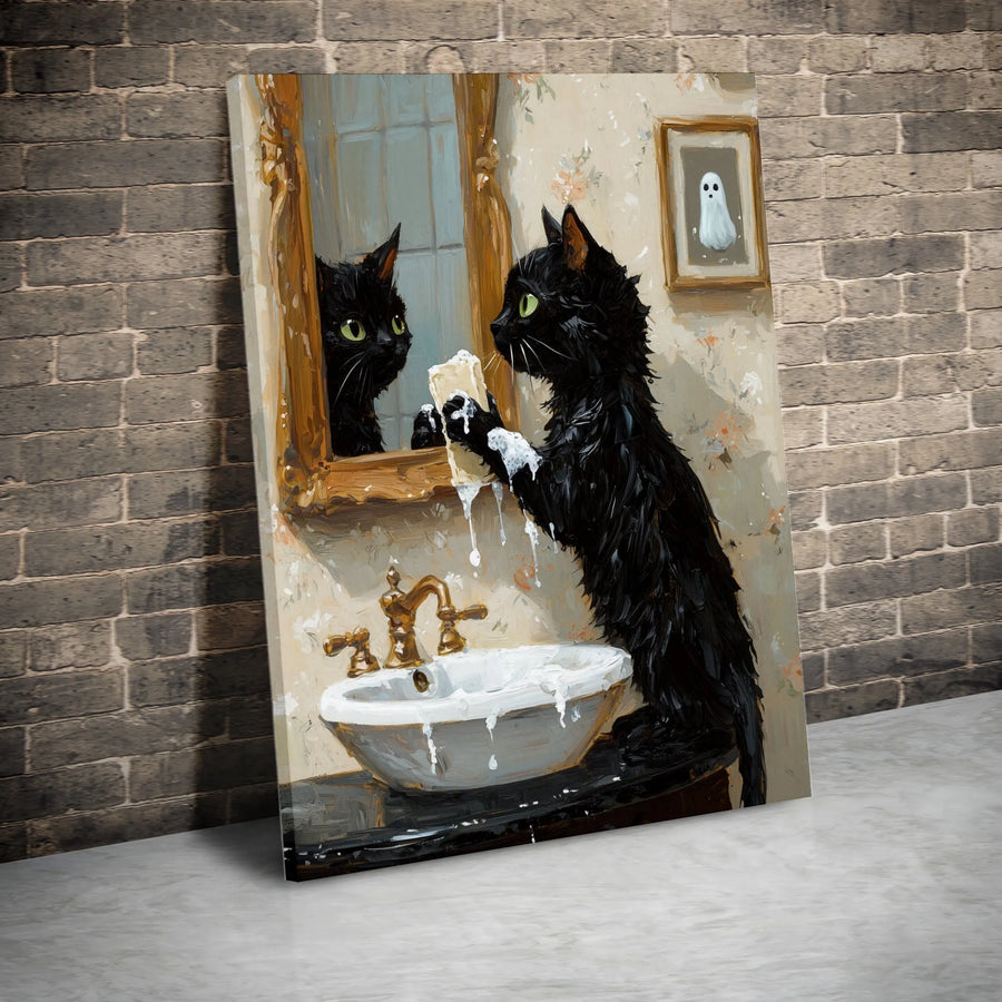 Funny Black Cat Canvas Wall Art | Vintage Oil Painting Style with Ghost Detail | Gallery Quality 1.25" Canvas | Unique Bathroom Decor Gift for Cat Lover