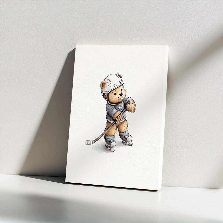 Hockey Teddy Bear Canvas Wall Art | Cute Cartoon Bear Illustration | Premium Gallery Wrapped Canvas | Nursery & Kids Room Decor Gift