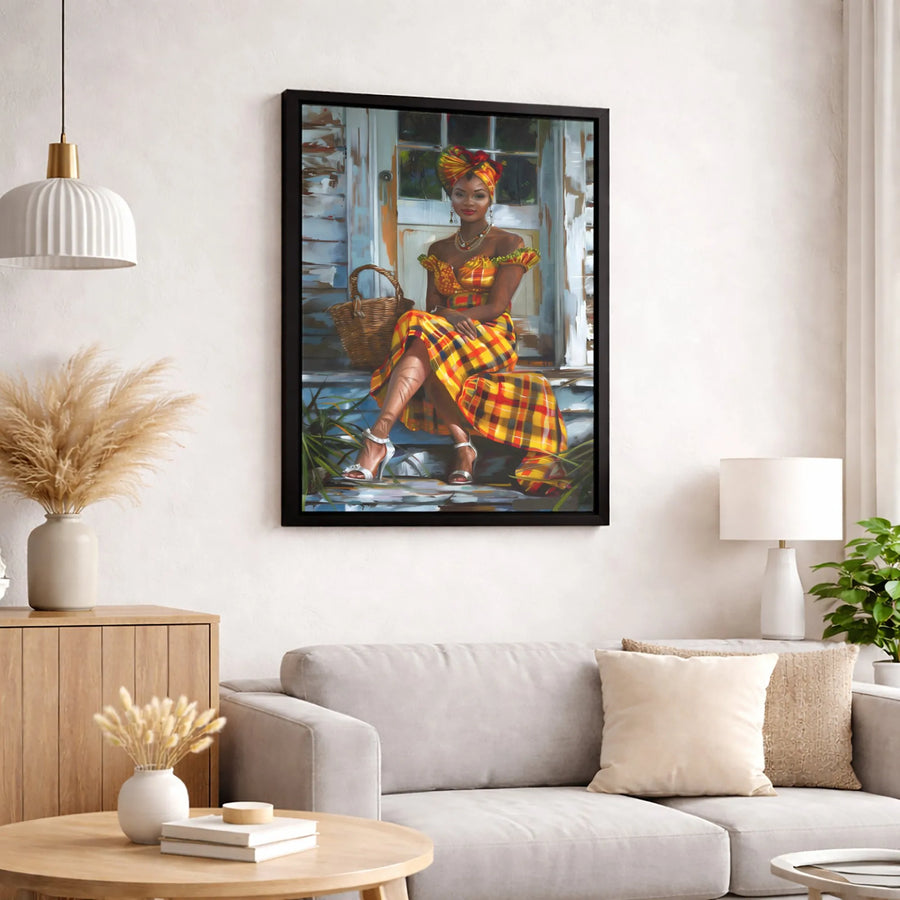 Caribbean Woman Canvas Print | Traditional Madras Dress Portrait | Gallery-Quality Wall Art | Vibrant Cultural Decor for Home