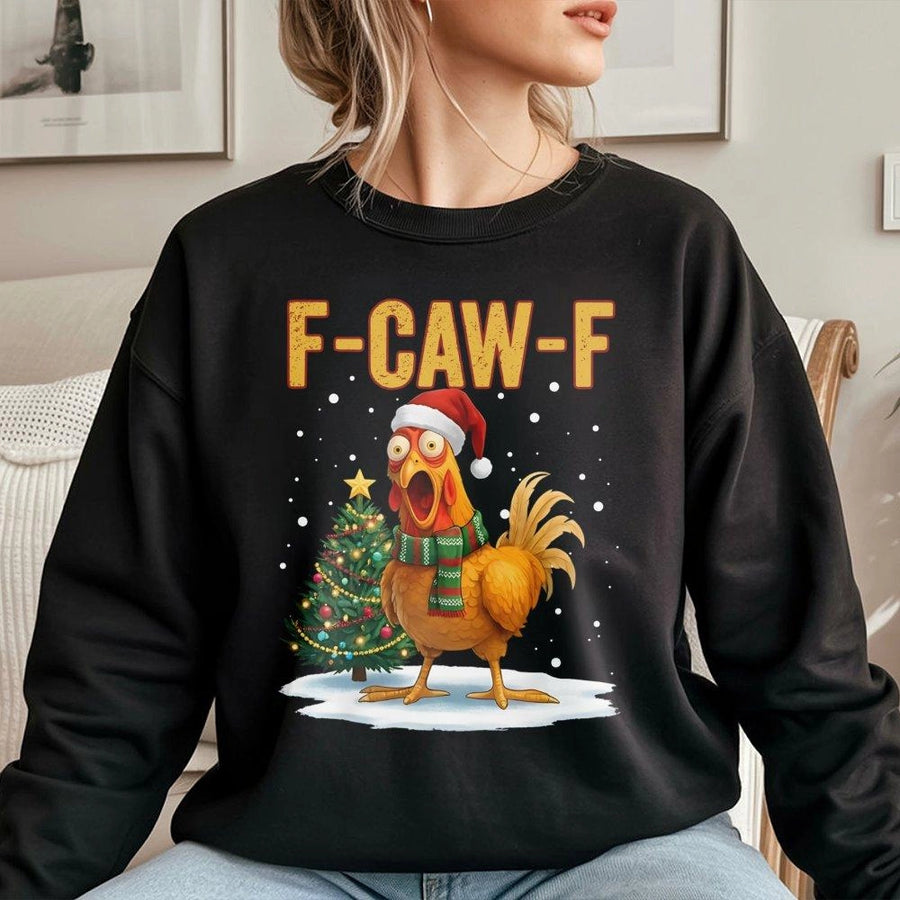 Funny Chicken Christmas Sweatshirt | F-CAW-F Pun Holiday Graphic | Premium Cotton Blend Crewneck | Unisex Ugly Christmas Sweater Gift for Chicken Lovers