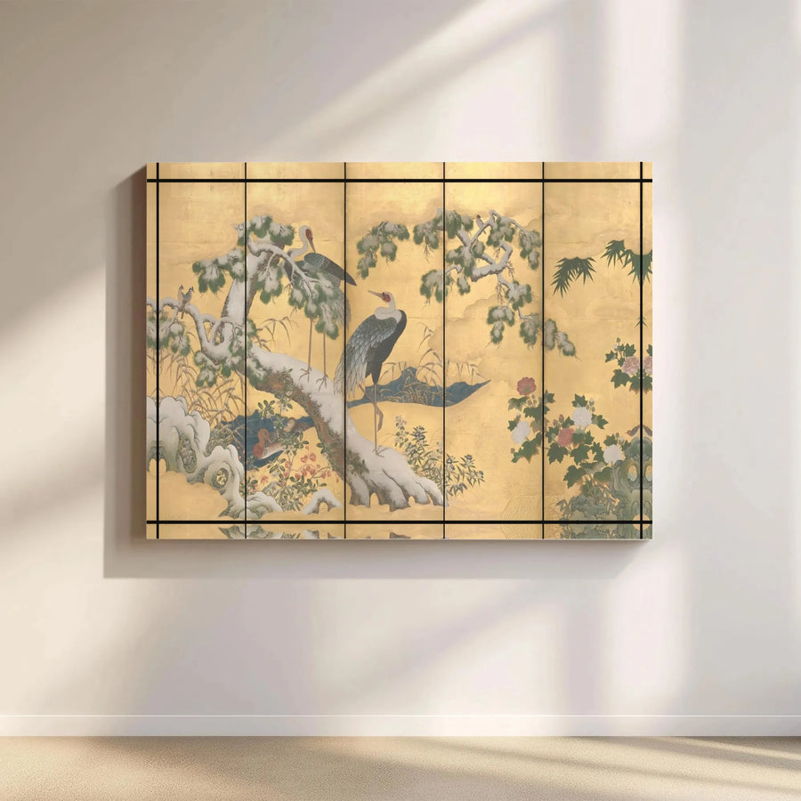 Japanese Crane Canvas Wall Art | Snowy Pine Tree Gold Screen Print | Premium Gallery Wrapped Decor | Zen Asian Home Gift
