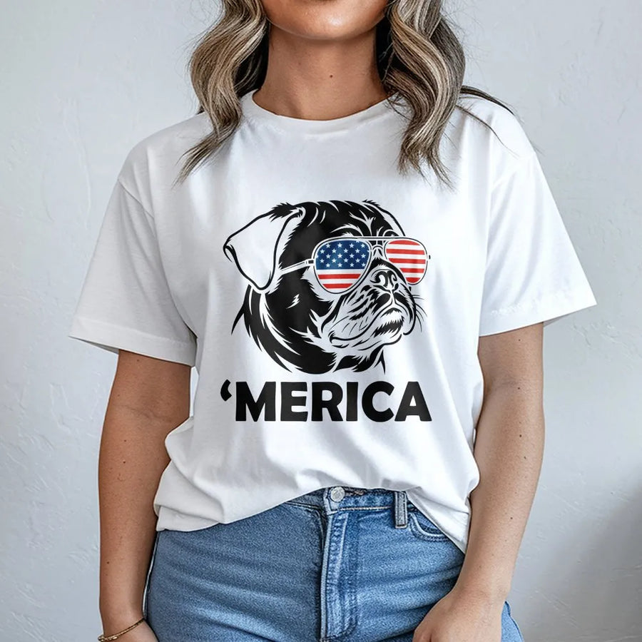 Funny 4th of July Pug T-Shirt | 'Merica Dog with Sunglasses | Premium Soft Cotton Blend | Patriotic Gift for Pug Owner