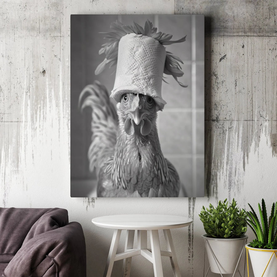 Funny Chicken Canvas Art | Whimsical Toilet Paper Hat Portrait | Premium Gallery Wrapped Decor | Unique Farmhouse Wall Art Gift