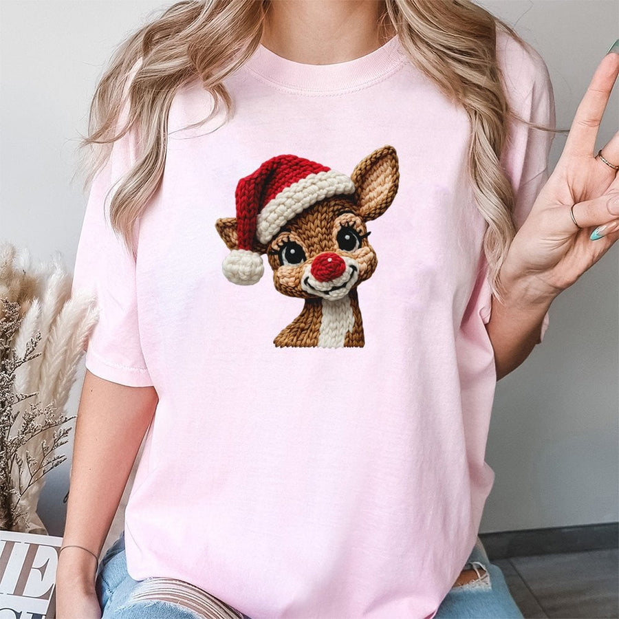 Cute Reindeer Christmas T-Shirt | Crochet Look Holiday Graphic Tee | 100% Cotton Premium Shirt | Festive Gift for Women and Men