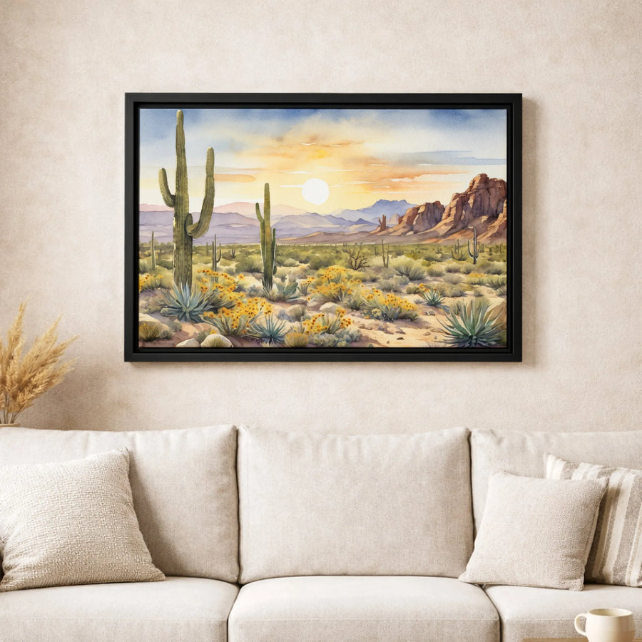 Arizona Desert Sunset Canvas Art | Watercolor Saguaro Cactus Wall Decor | Premium 1.25 Inch Gallery Wrap | Southwestern Home Decor Gift