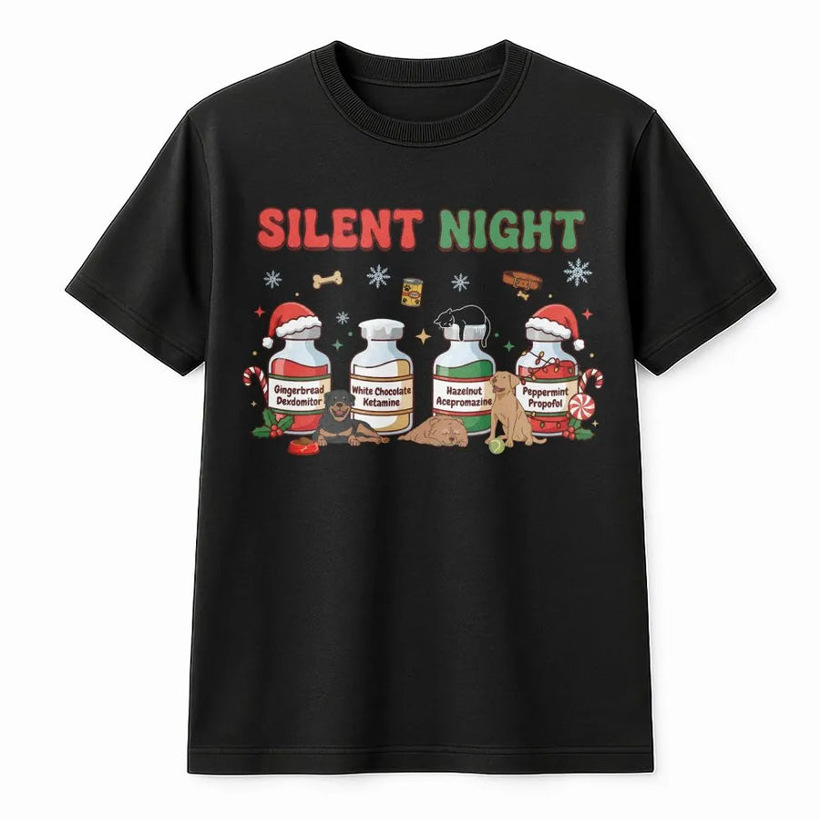 Silent Night Vet Med T-Shirt | Funny Veterinary Christmas Graphic | Premium Soft Cotton Unisex Tee | Gift for Veterinarian Vet Tech Student
