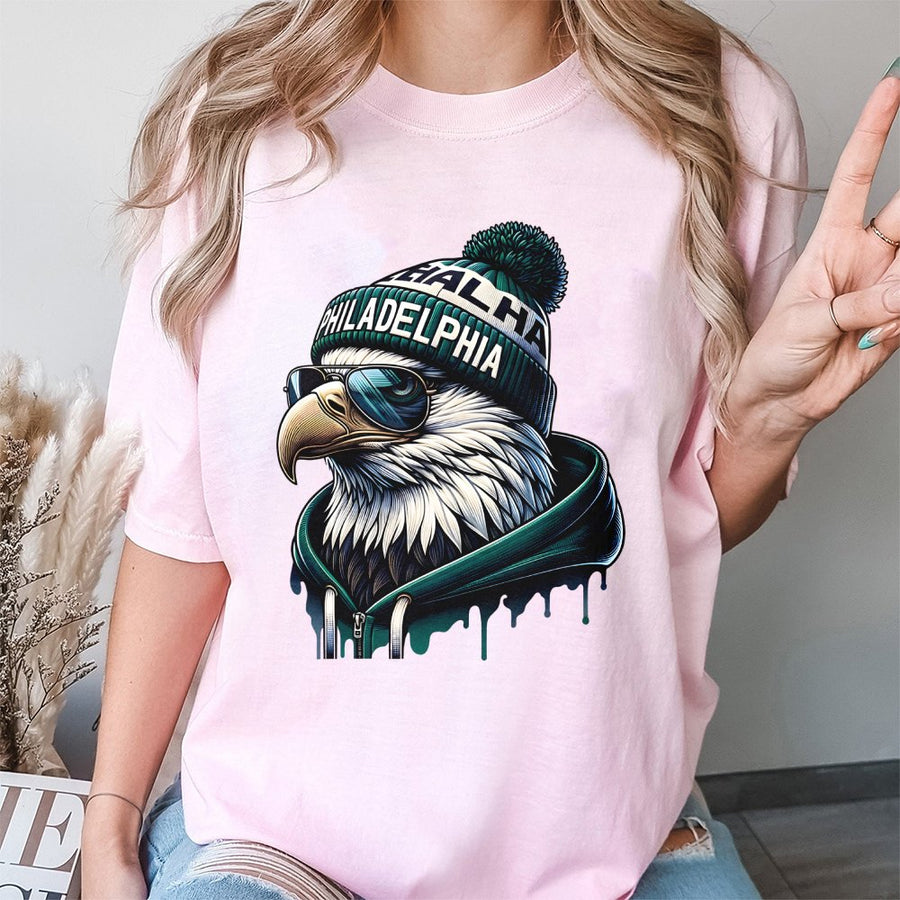 Philadelphia Eagle Wearing A Beanie, Sunglasses, And A T-Shirt