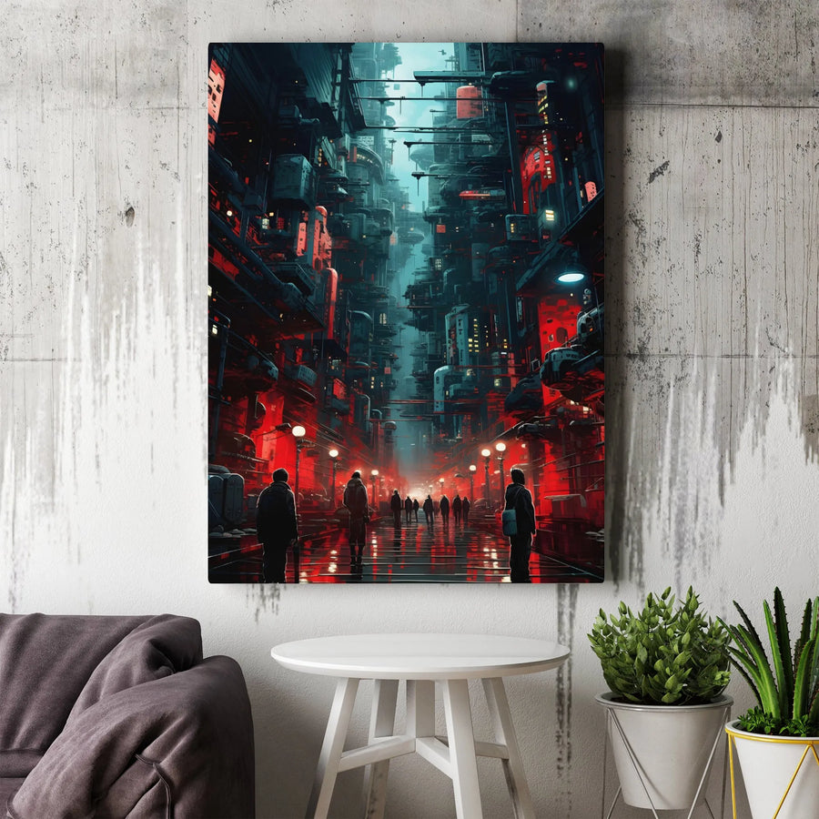Cyberpunk Cityscape Canvas Art | Futuristic Neon Red Street Scene | Gallery Quality Premium Wall Decor | Urban Sci-Fi Gamer Room Gift