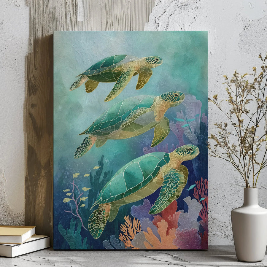 Sea Turtle Wall Art | Trio Swimming Turtles & Vibrant Coral Reef Canvas | 1.25" Gallery Wrap | Premium Ocean Decor Gift For Beach House