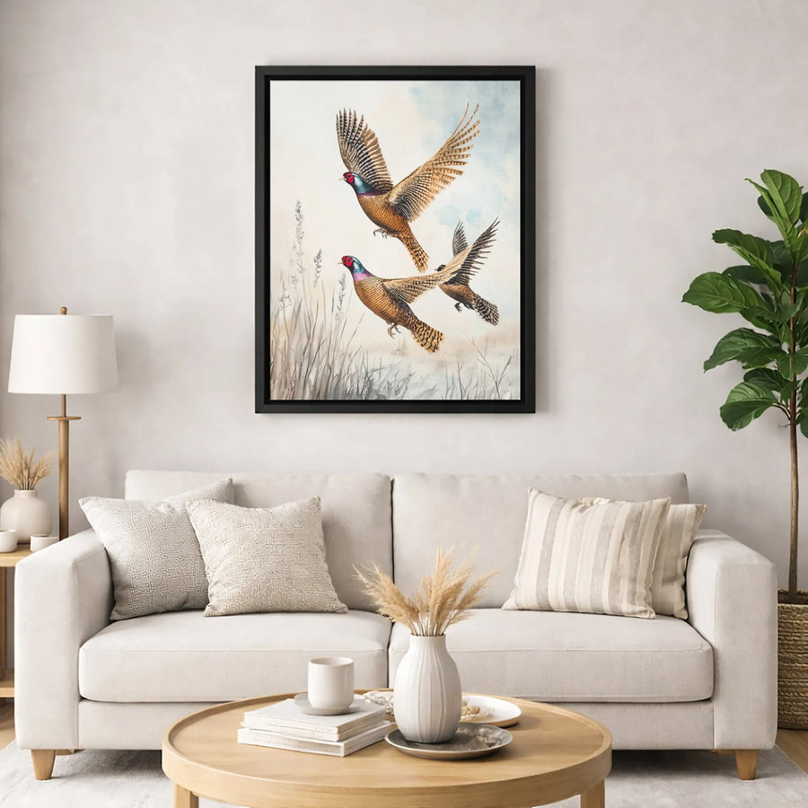 Pheasant Hunting Canvas Wall Art | Flying Game Birds Watercolor Print | 1.25 Inch Gallery Wrap | Wildlife Home Decor Gift for Hunters