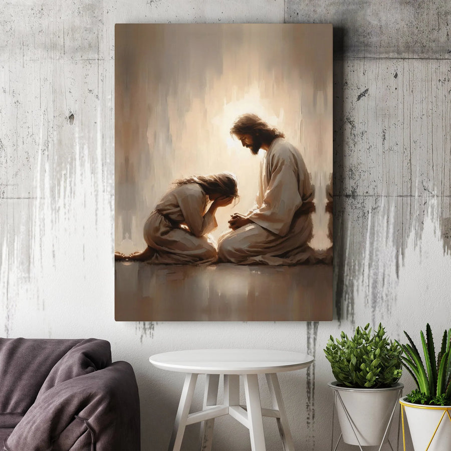 Jesus Praying With Kneeling Woman Canvas | Religious Wall Art | Premium Fade-Resistant Print | Spiritual Home Decor Gift
