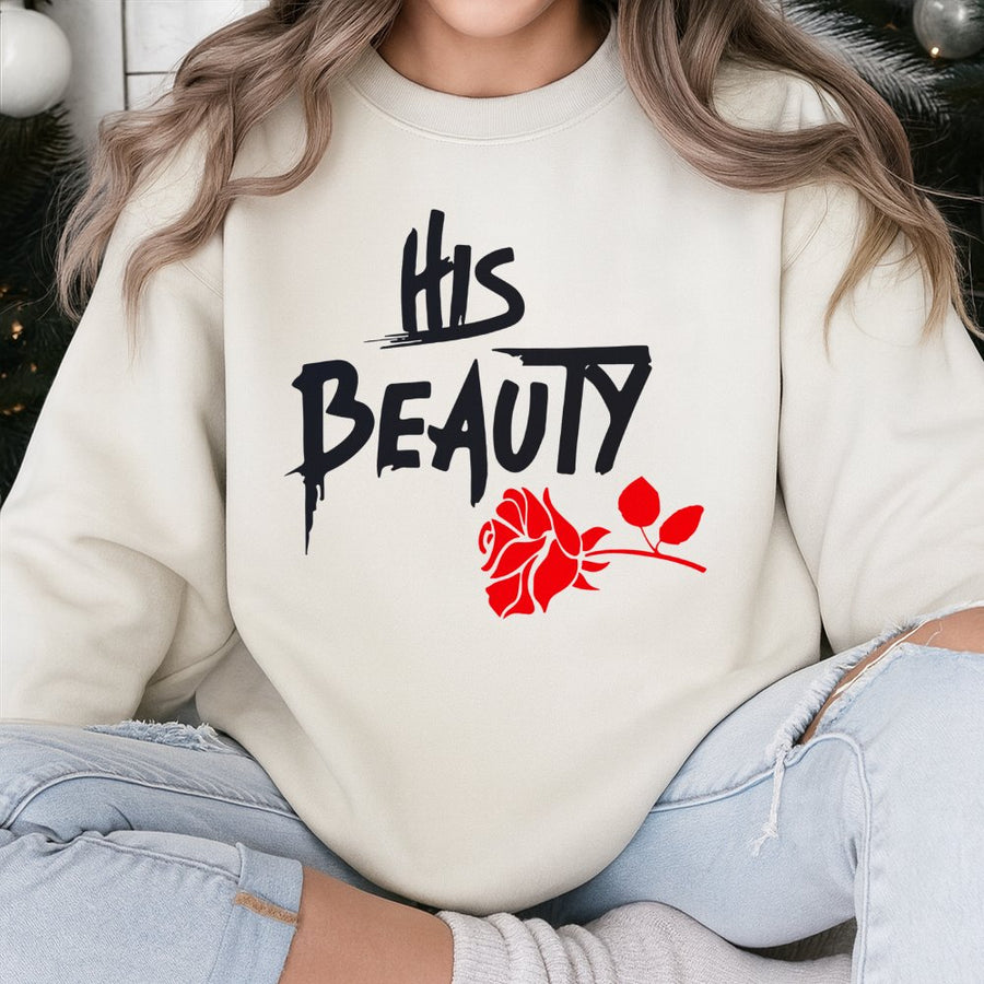 His Beauty Matching Sweatshirt | Romantic Red Rose Graphic Print | Premium Cotton-Poly Blend | Perfect Valentine Day Gift for Couples