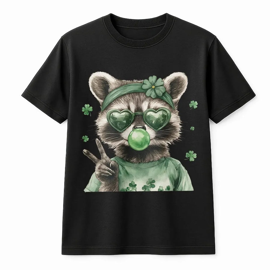 St. Patrick's Day Raccoon T-Shirt | Cute Bubblegum Raccoon with Shamrock Sunglasses | Soft Cotton Premium Graphic Tee | Fun Irish Festival Gift