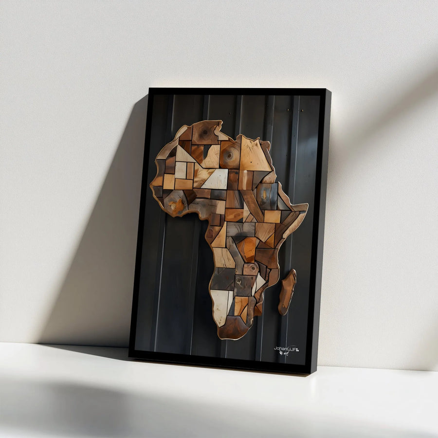 Africa Map Wall Art | Wooden Mosaic Patchwork Style Print | Premium Gallery Wrap Canvas | Modern Home Decor Gift For Travel Lovers
