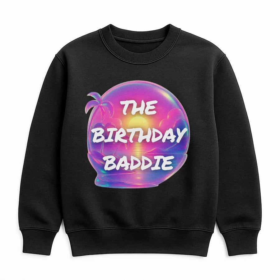 Birthday Baddie Sweatshirt | Retro Vaporwave Sunset Palm Tree Design | Premium Cotton Blend | Aesthetic Birthday Gift For Her