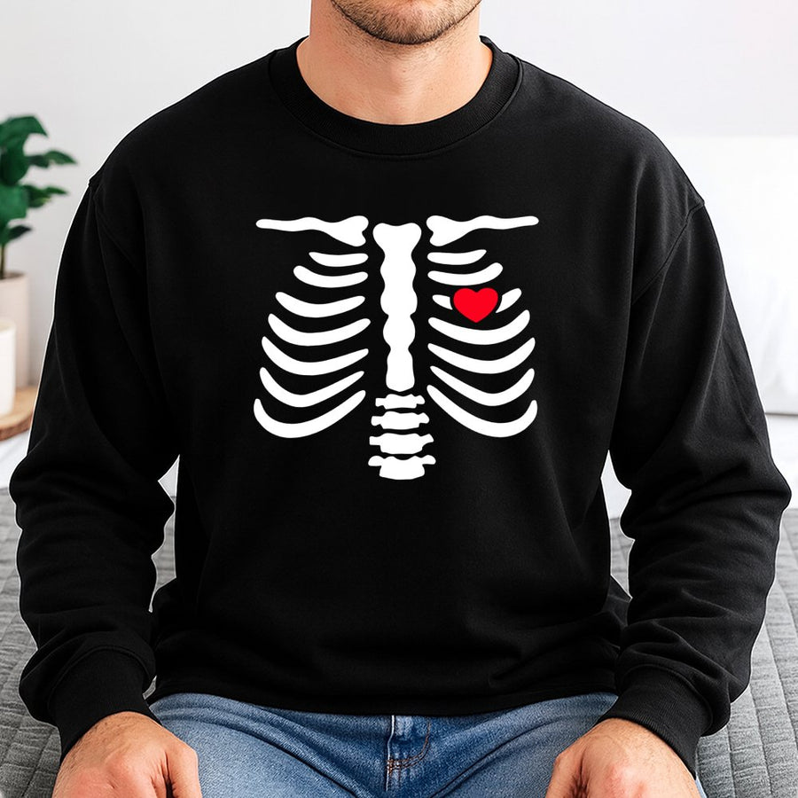 Skeleton Heart Sweatshirt | Maternity Pregnancy Announcement Graphic Tee | Premium Cotton Blend Crewneck | Halloween Couples Matching Gift Idea