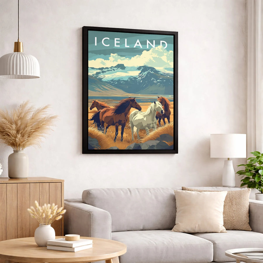 Iceland Travel Poster Canvas | Vintage Icelandic Horses Landscape Art | Premium Gallery Wrapped Print | Nature Lover Home Decor Gift