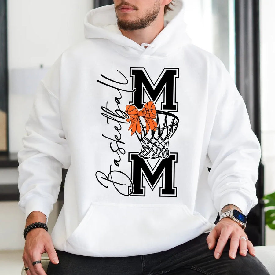 Basketball Mom Hoodie | Bow Basketball Graphic Design | Premium Cotton Blend Fleece | Gift for Basketball Mama & Fan