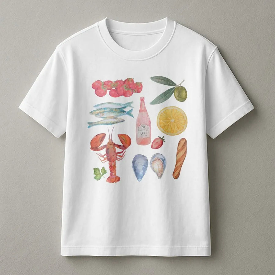 Mediterranean Food Graphic Tee | Watercolor Seafood & Wine Print | Premium Soft Cotton | Coastal Summer Unisex Foodie Gift