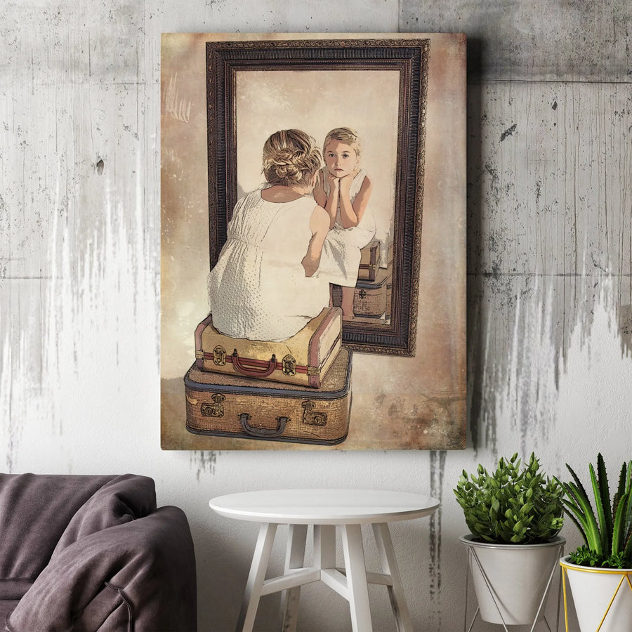 Inner Child Mirror Reflection Canvas Wall Art | Vintage Suitcase Nostalgia Print | 1.25-Inch Premium Gallery Wrap | Emotional Home Decor Gift
