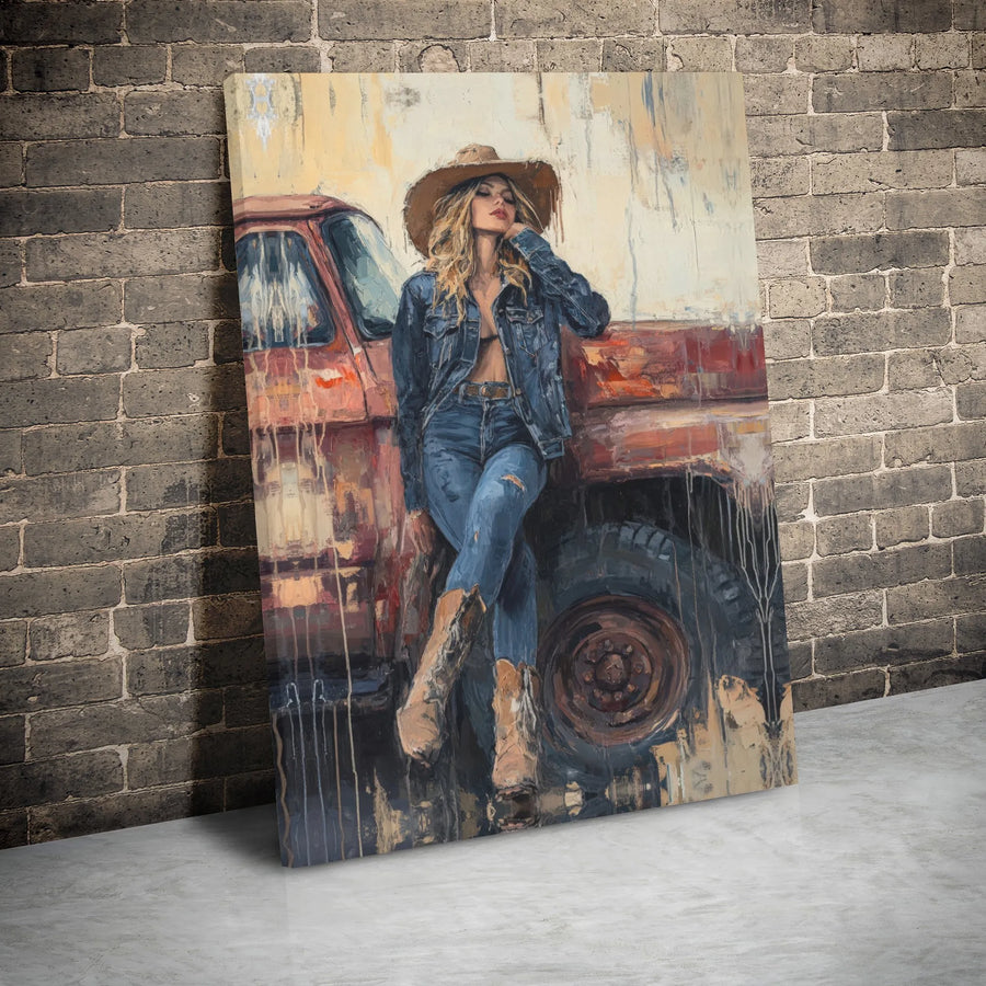 Cowgirl Canvas Wall Art | Rustic Western Denim Blonde Portrait | Gallery Wrapped Premium Print | Farmhouse Home Decor Gift