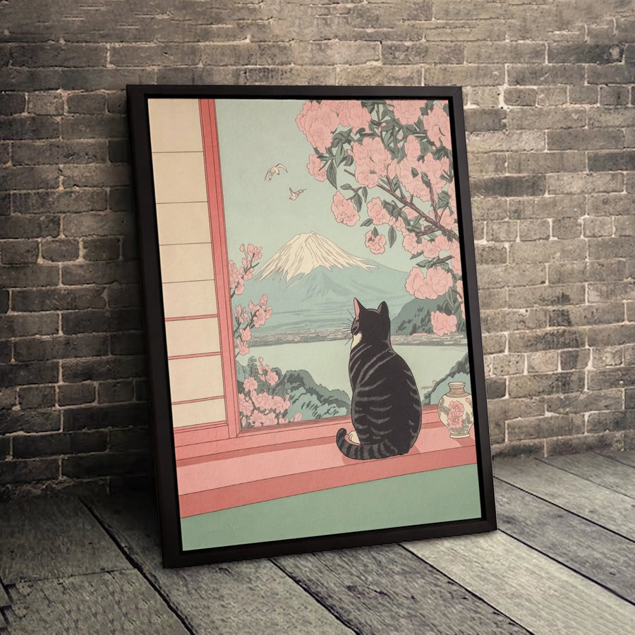 Japanese Cat Wall Art | Mount Fuji Cherry Blossom Ukiyo-E Print | Gallery-Quality 1.25-Inch Canvas | Aesthetic Gift for Cat Lovers & Japan Enthusiasts
