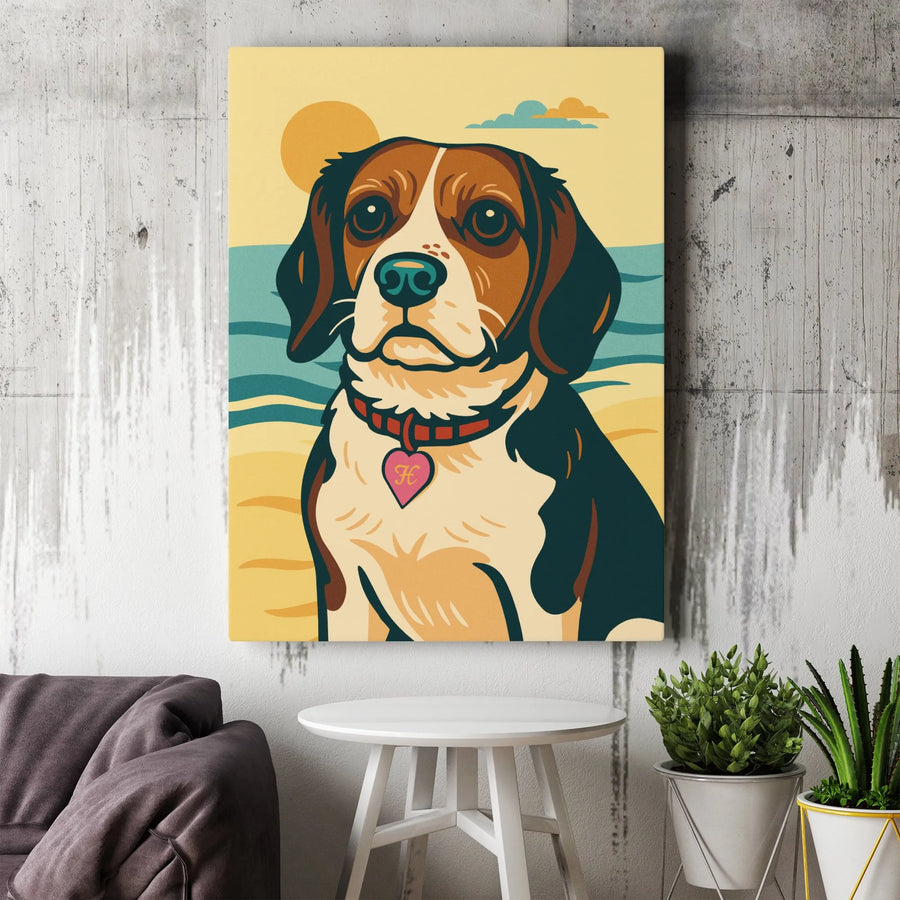 Beagle Dog Wall Art | Retro Beach Scene With Heart Tag | Premium Gallery Canvas | Dog Lover Home Decor Gift