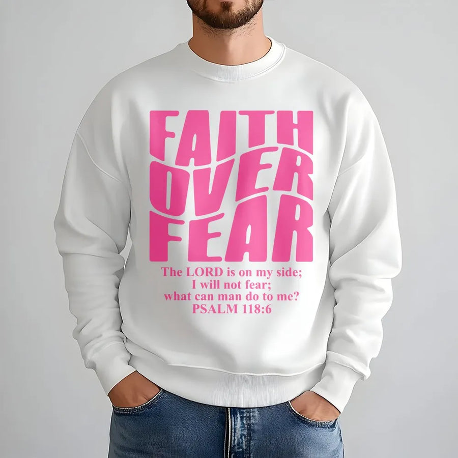 Faith Over Fear Sweatshirt | Wavy Text Bible Verse Scripture | Premium Cotton Blend Crewneck | Christian Gift For Her Religious Apparel