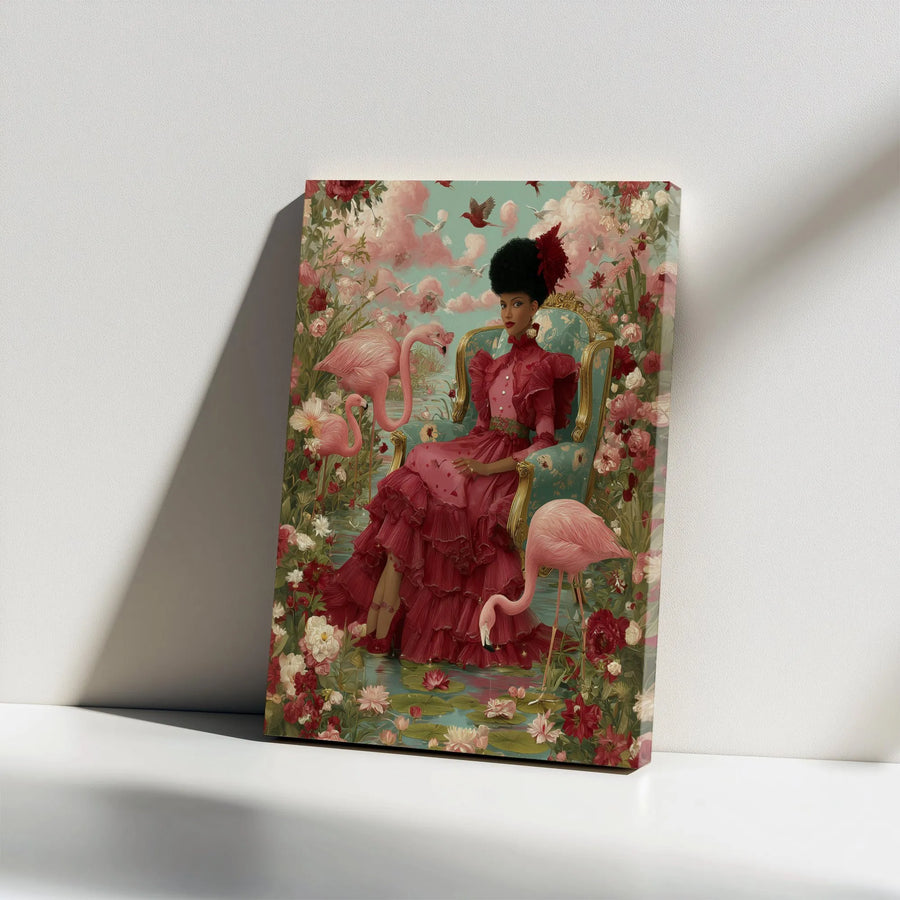 Black Woman Flamingo Canvas Print | Maximalist Victorian Floral Art | Premium Gallery Wrapped Wall Decor | Unique Afrocentric Home Gift