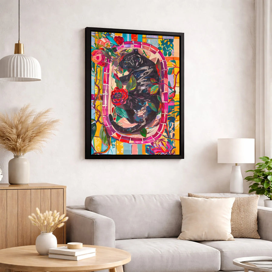Black Panther Floral Canvas Wall Art | Colorful Botanical Wildlife Print | 1.25-Inch Gallery Wrap | Modern Animal Decor Gift
