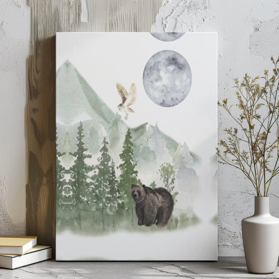 Watercolor Bear and Owl Canvas Wall Art | Misty Forest Landscape with Moons | Premium Gallery Wrapped Decor | Nature Lover Gift