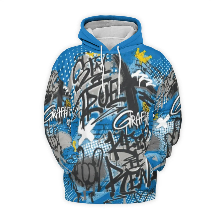 Graffiti Street Art 3D Hoodie | Blue Urban Hip Hop Graphic Print | Premium Brushed Fleece Lining | Unisex Streetwear Gift for Men and Women