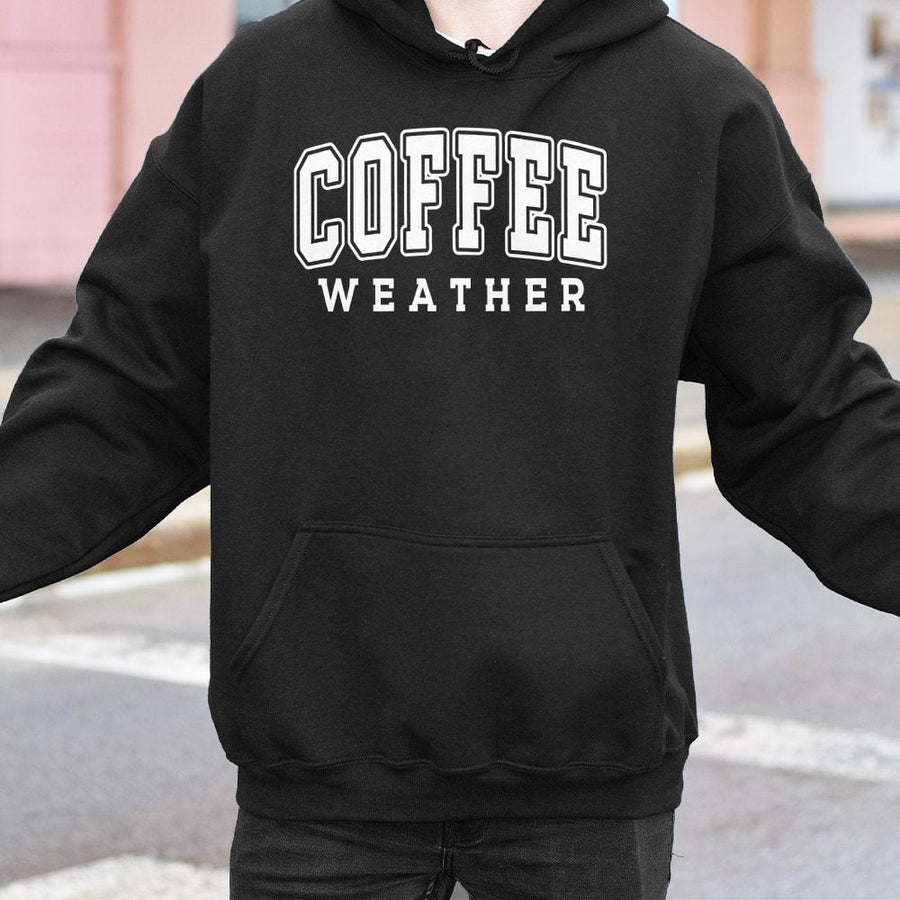 Coffee Weather Hoodie | Varsity Font Graphic Sweatshirt | Cotton-Polyester Blend | Cozy Fall Gift for Coffee Lovers & Caffeine Addicts
