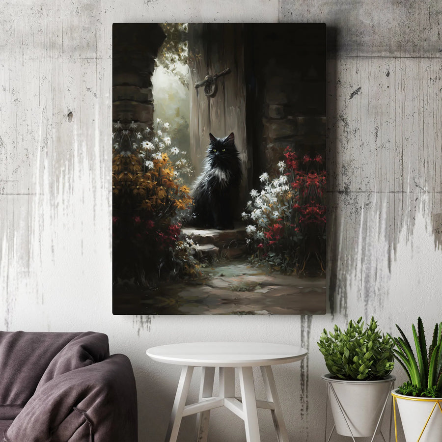 Black Cat Canvas Wall Art | Whimsical Floral Garden Doorway Print | Premium Gallery Wrapped Decor | Gift for Cat Lovers & Home Interior