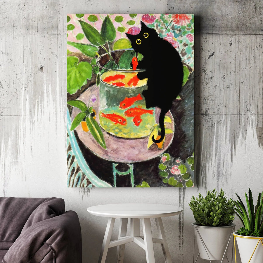 Black Cat and Goldfish Canvas Art | Whimsical Fauvism Style Print | Premium 1.25-inch Gallery Wrap | Unique Home Decor Gift for Cat Lovers