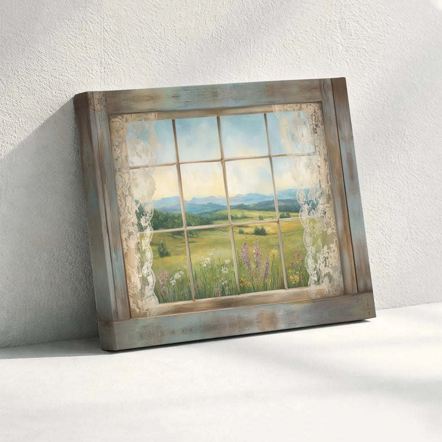 Rustic Window View Canvas Print | Wildflower Meadow Landscape With Lace Curtains | Premium Gallery Wrap Art | Farmhouse Wall Decor Gift