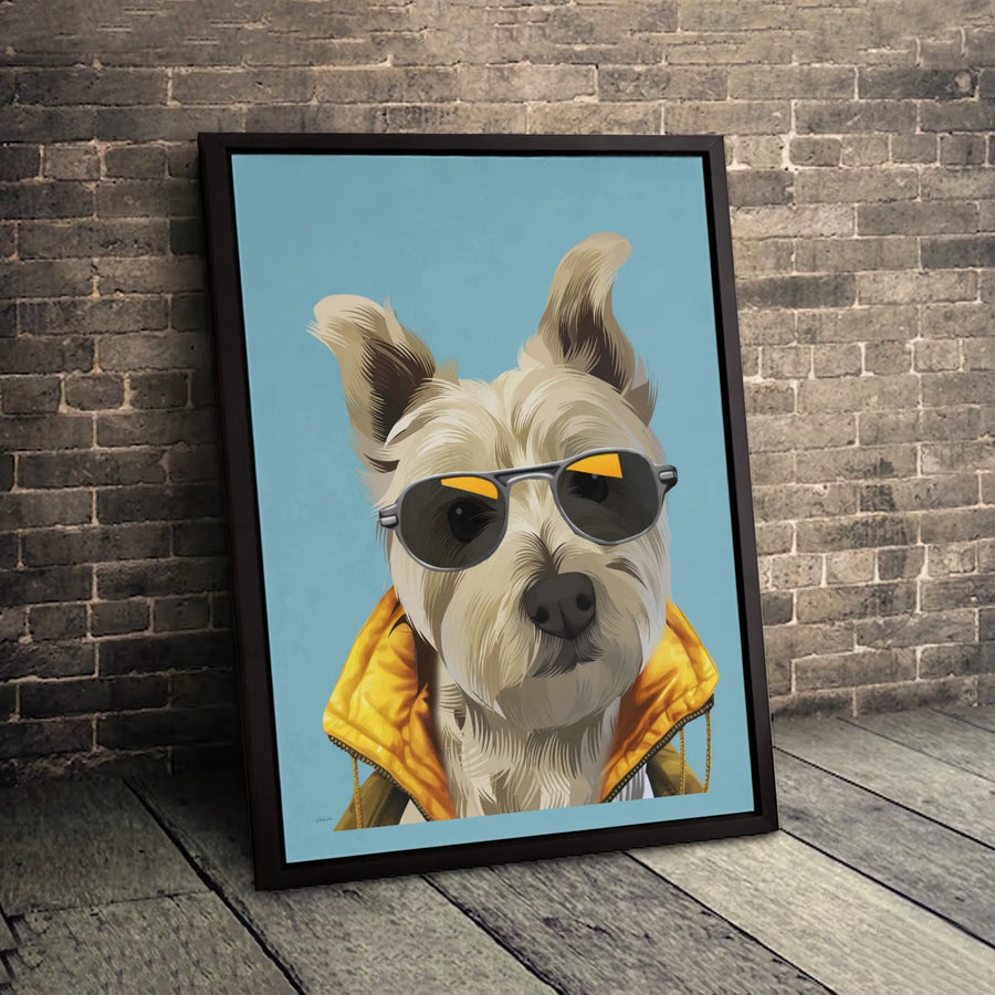 Cool Terrier Dog Canvas Print | Trendy Pup with Sunglasses and Yellow Vest | Premium Gallery-Wrapped Wall Art | Modern Home Decor Gift for Dog Lovers