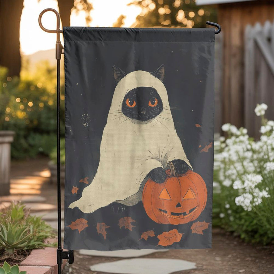 Ghost Cat Garden Flag | Cute Halloween Kitten with Jack-O'-Lantern | Durable Weather-Resistant Polyester | Spooky Fall Outdoor Yard Decor